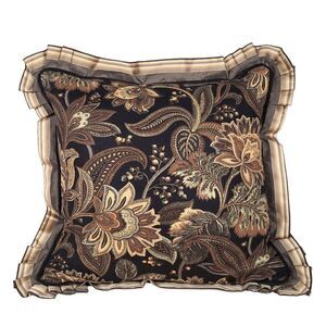 J Queen Jacobean Floral Valdosta Black 20" Square Accent Pillow 2" Ruffled Edge